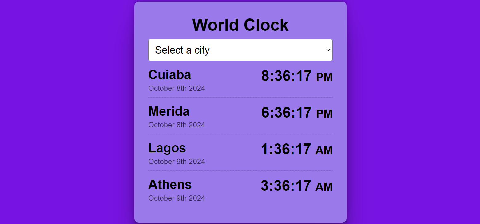 Paulina Cruz's Web page that shows the time of a few cities