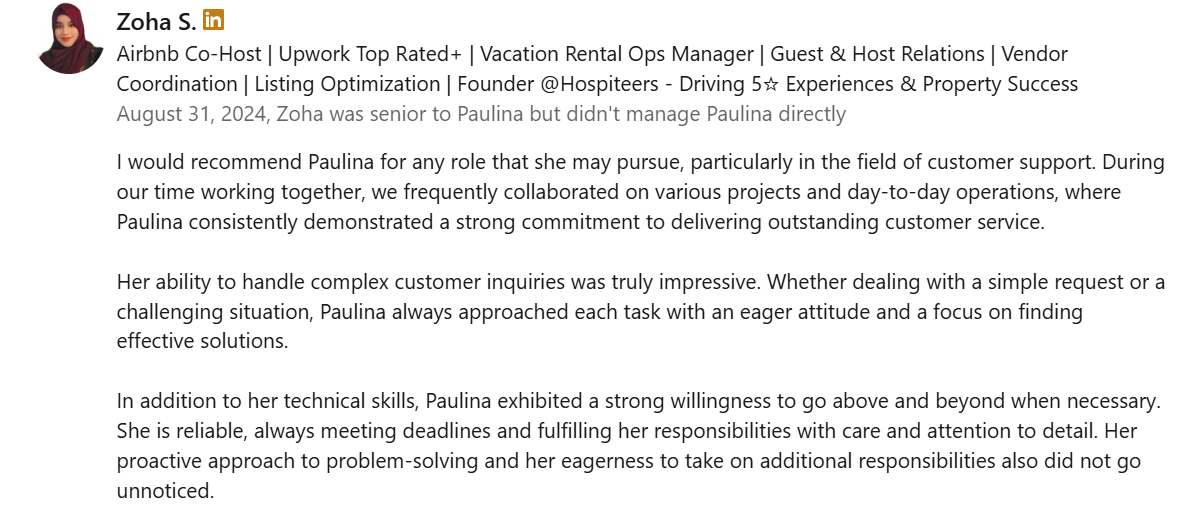 Zoha recommendation for Paulina Cruz